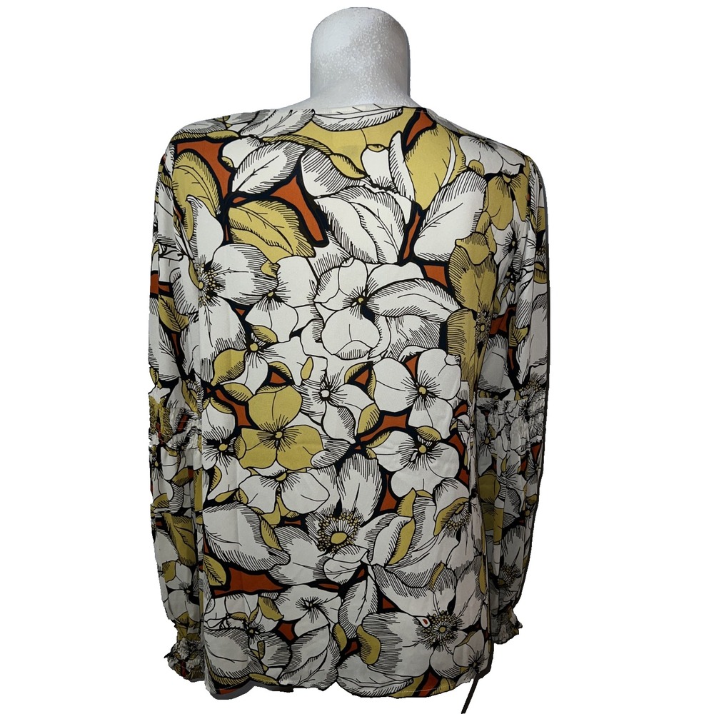 Cabi 3954 Miranda Blouse Womens Large Yellow Floral V-Neck Smocked Sleeve Top - Picture 5 of 7